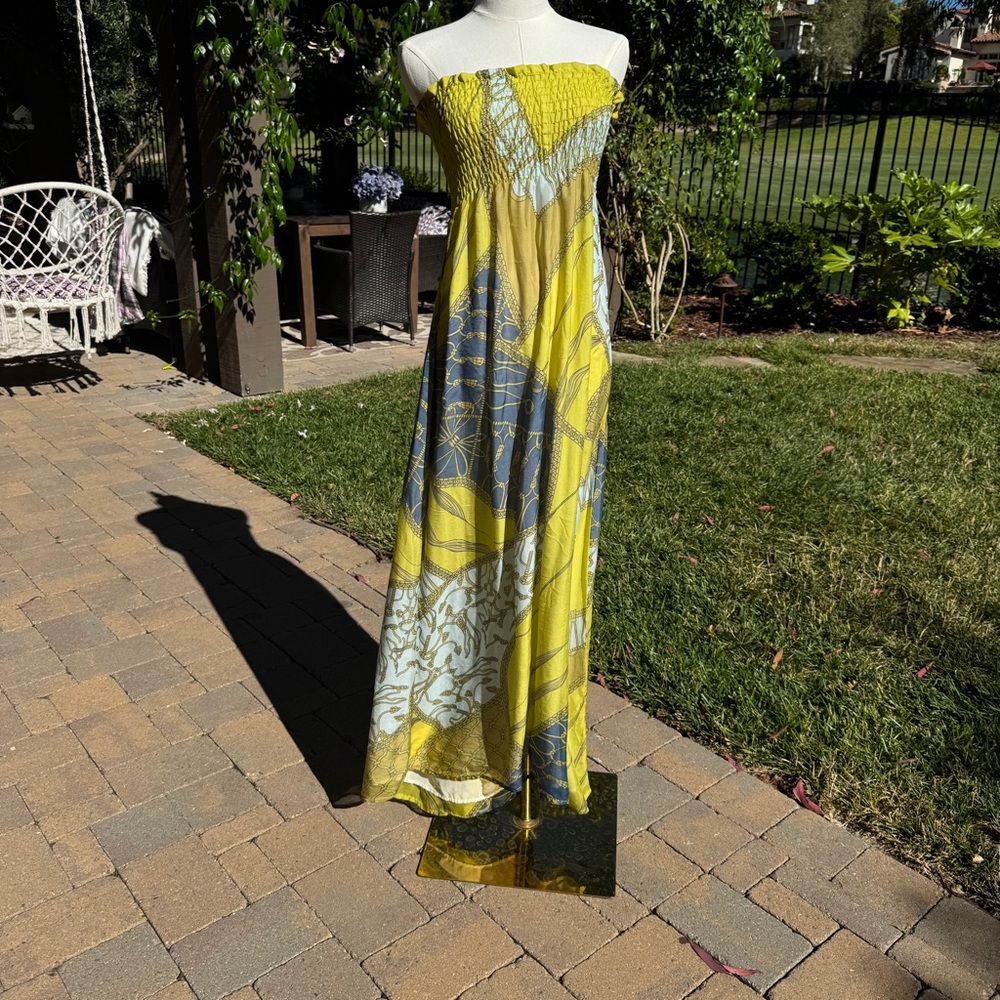 Silk-like Yellow and Blue Strapless Maxi Dress